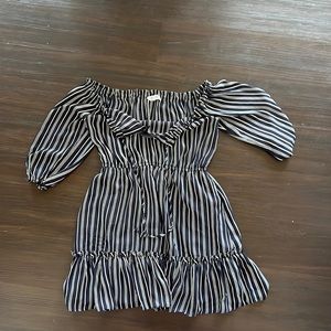 Off the shoulder mid-dress, navy with white pinstripes